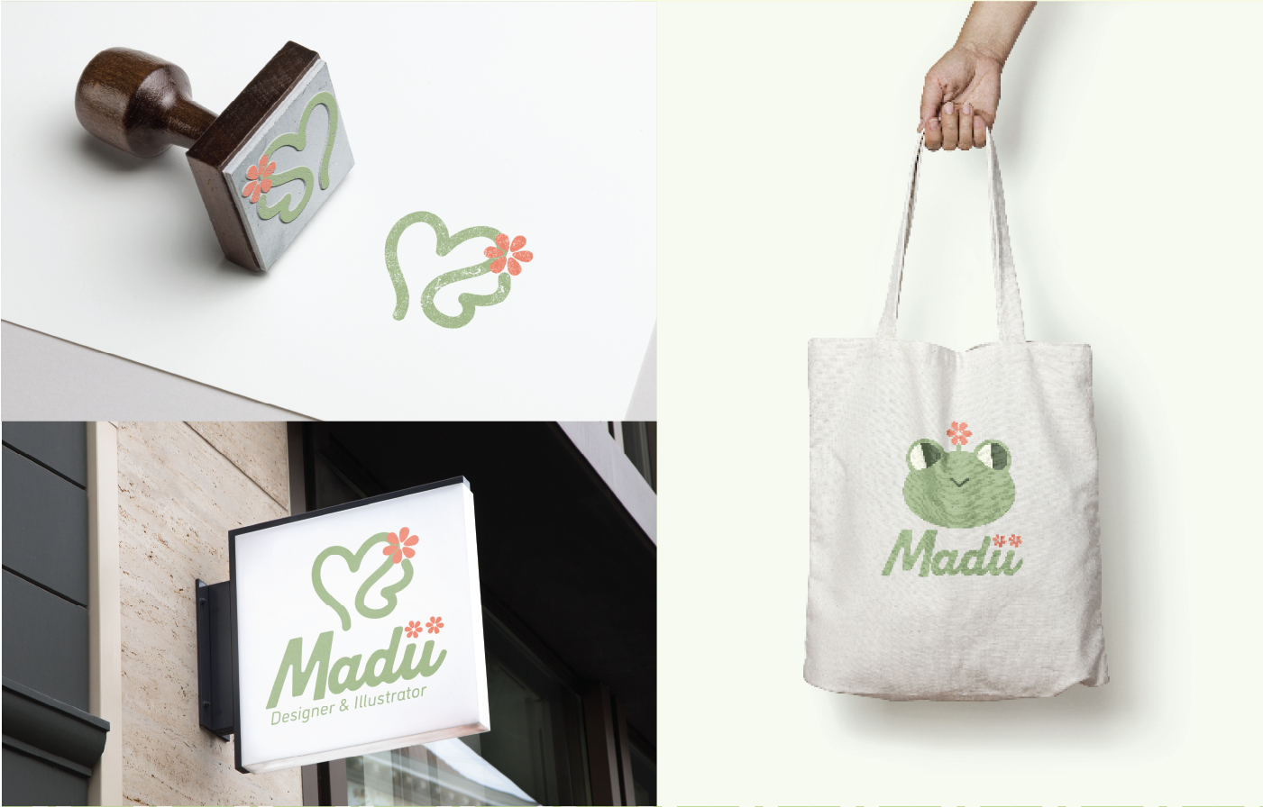 Stamp, signage, and tote bag mockups